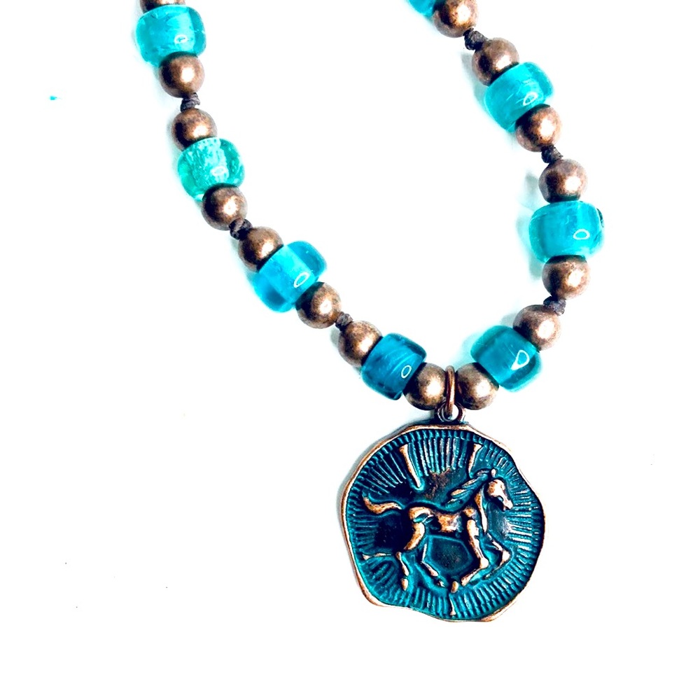Aqua Green Copper Horse Coin Pony Bead Horse Lover Western Neck…